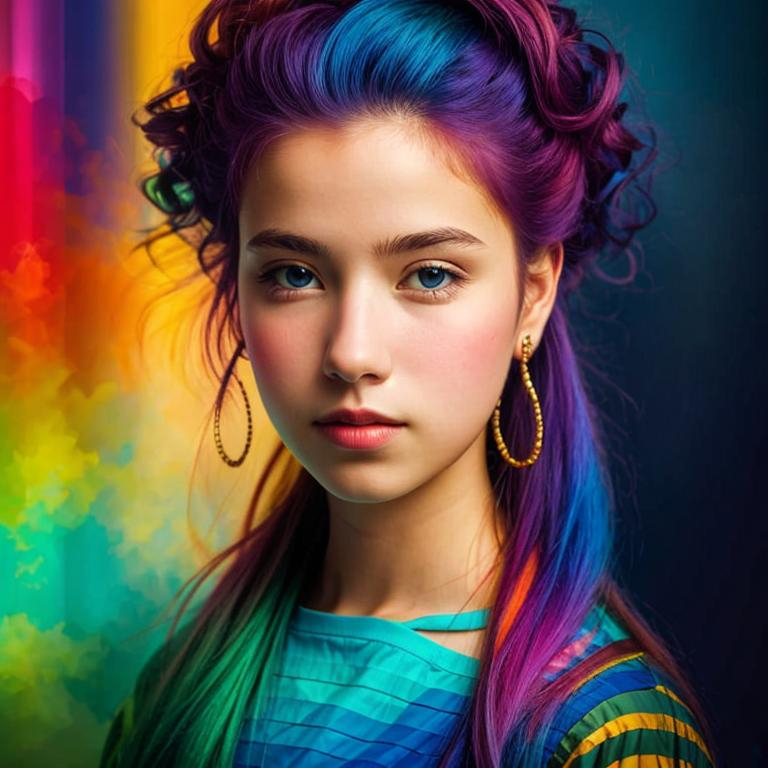 Prompt: colorful image of a young lady