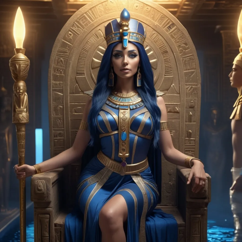 Prompt: HD 4k 3D, 8k, hyper realistic, professional modeling, ethereal Egyptian Goddess style, Ruler Goddess, beautiful, holding scepter,  glowing fair skin, dark blue hair, mythical regal gown, crown, full body, powerful, on throne on egyptian boat, Fantasy setting, surrounded by ambient divine glow, detailed, elegant, surreal dramatic lighting, majestic, goddesslike aura, octane render, artistic and whimsical