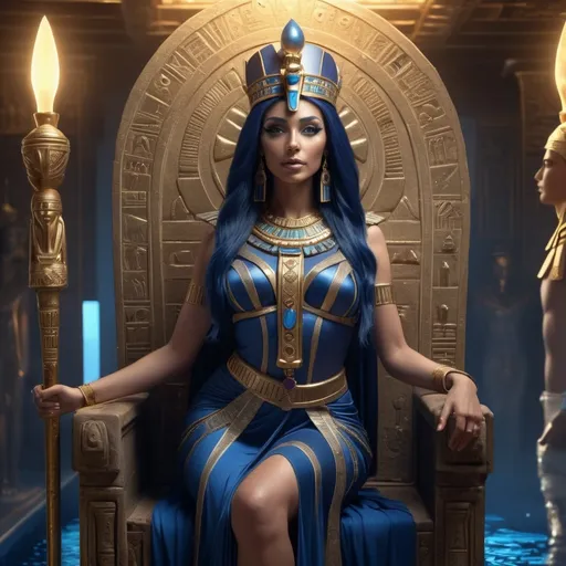 Prompt: HD 4k 3D, 8k, hyper realistic, professional modeling, ethereal Egyptian Goddess style, Ruler Goddess, beautiful, holding scepter,  glowing fair skin, dark blue hair, mythical regal gown, crown, full body, powerful, on throne on egyptian boat, Fantasy setting, surrounded by ambient divine glow, detailed, elegant, surreal dramatic lighting, majestic, goddesslike aura, octane render, artistic and whimsical