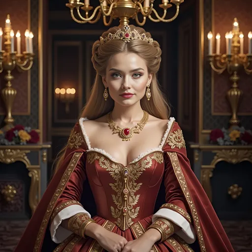 Prompt: A regal figure commands attention in an opulent, candlelit room, exuding elegance and authority. Dressed in a rich, deep red gown adorned with intricate gold embroidery and gemstone accents, she radiates a sense of historical grandeur. Her long, flowing hair is crowned with a jeweled tiara, harmonizing with her striking golden jewelry. The soft glow from ornate candelabras highlights her composed expression, suggesting confidence and poise amid a lavish, aristocratic setting. The warm tones of the room enhance the sense of warmth and intimacy, while the rich textures of her attire invite admiration, portraying a timeless essence of nobility.