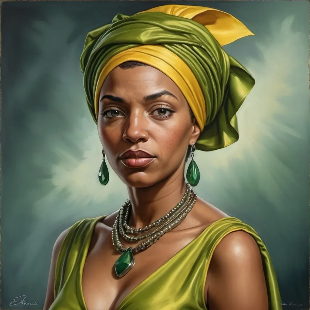 Prompt: a woman with a green dress and a yellow head scarf on her head and a necklace on her neck, Ernie Barnes, photorealism, highly detailed digital painting, a photorealistic painting