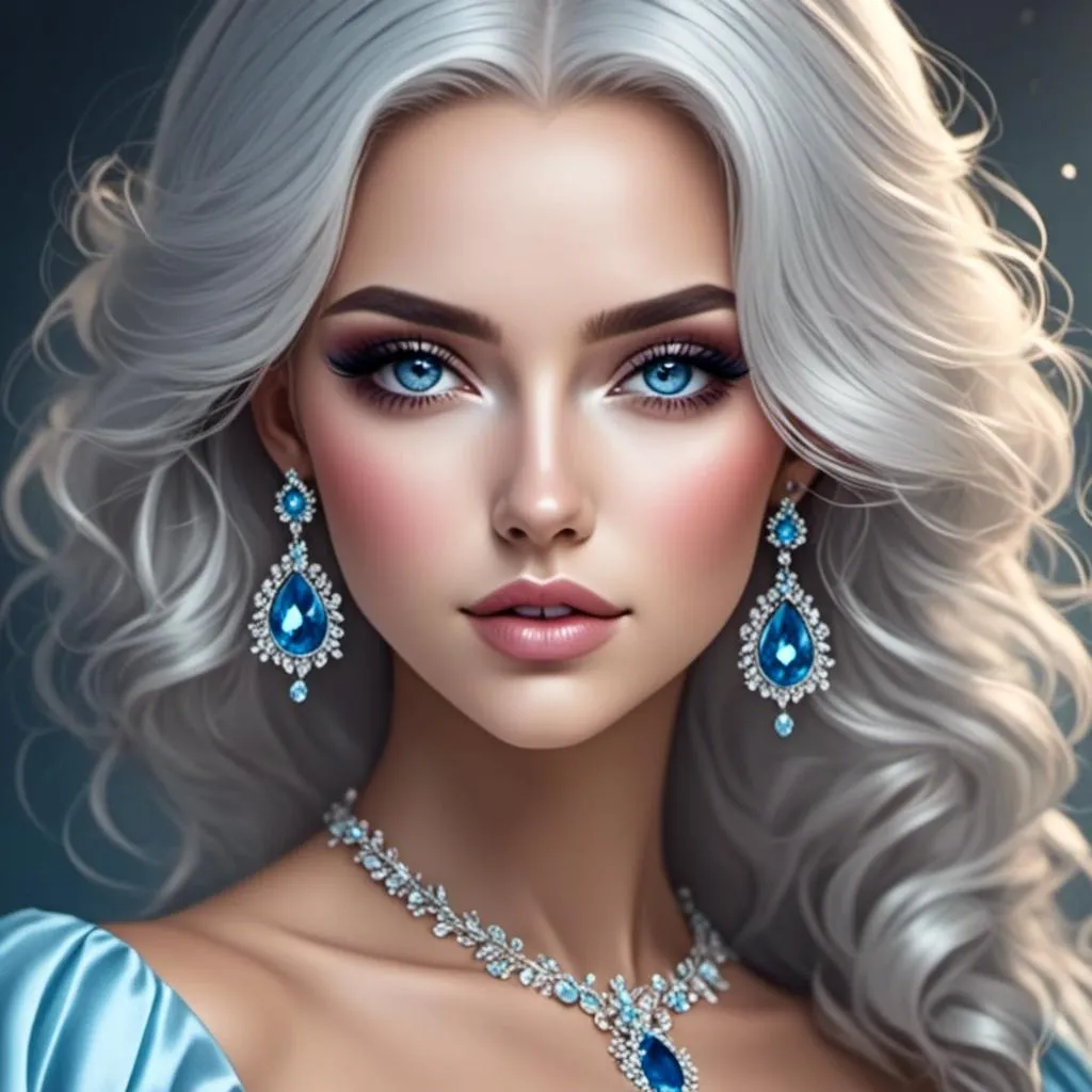 Prompt: <mymodel>A beautiful woman, snow white hair with pastel highlights, frosty blue eyes, blue eyeshadow, blue jewels on forehead