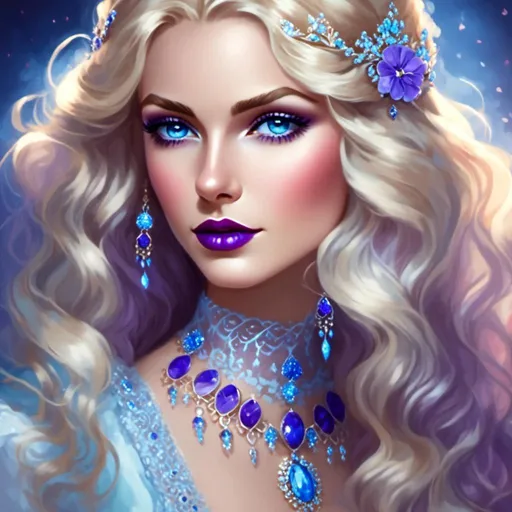 Prompt: <mymodel>Beautiful ethereal woman, long blonde hair,and icy blue eyes color, purple lipstick, facial closeup