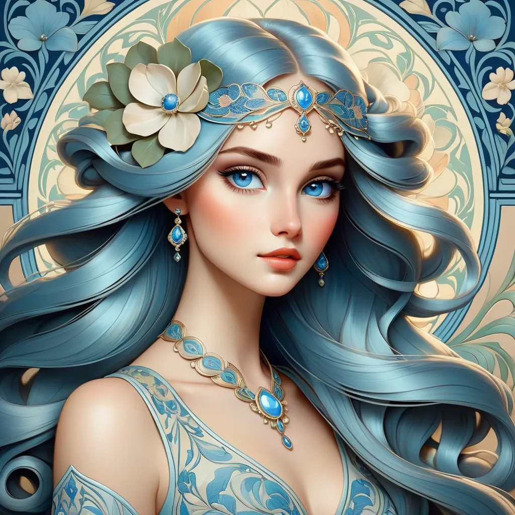 Prompt: Art Nouveau illustration of a mesmerizing blue-eyed beauty, flowing hair with floral motifs, elegant vintage attire, soft pastel color palette, intricate organic patterns, graceful posture, detailed facial features, captivating gaze, best quality, highres, elegant, Art Nouveau, floral motifs, vintage attire, soft pastels, intricate patterns, detailed features, captivating gaze, graceful posture, organic style