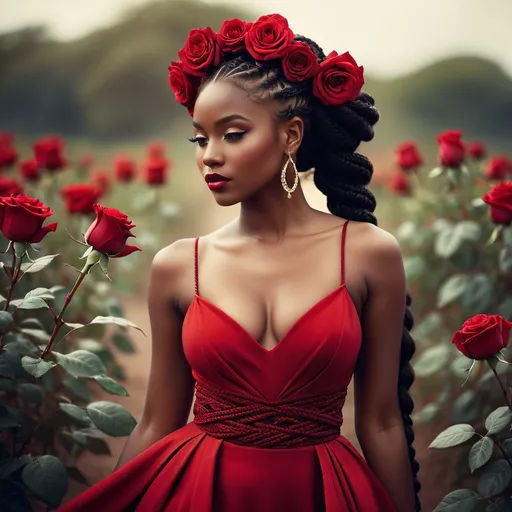 Prompt: Glamour photography a beautiful young african woman with a red dress and a flower in her hair and a red rose in her hair long flowing beautiful goddess braids, full body hourglass figure Bastien L. Deharme, fantasy art, dark fantasy art, a character portrait in the style of Guy Aroch captured with soft focus and muted colors typical of early film photography