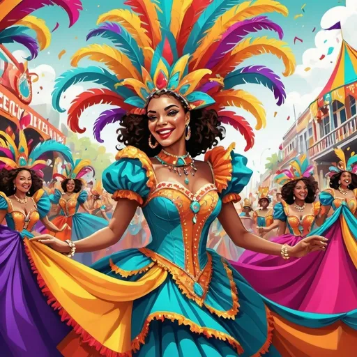 Prompt: Vibrant, colorful digital illustration of a lively carnival parade, bright and bold color palette, intricate fabric patterns, high quality, detailed, digital art, festive, dynamic composition, energetic atmosphere, lively characters, intricate details, lively and celebratory, vibrant colors, ornate costumes, professional, dynamic lighting
