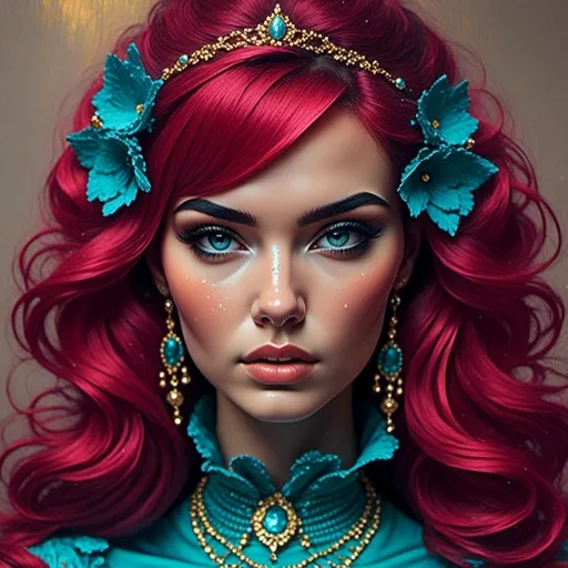 Prompt: <mymodel>Beautiful woman adorned in gold and turquoise, detailed facial features, oil painting, ornate jewelry, flowing garments, highres, vibrant colors, realistic, classic painting, warm lighting, elegant ambiance