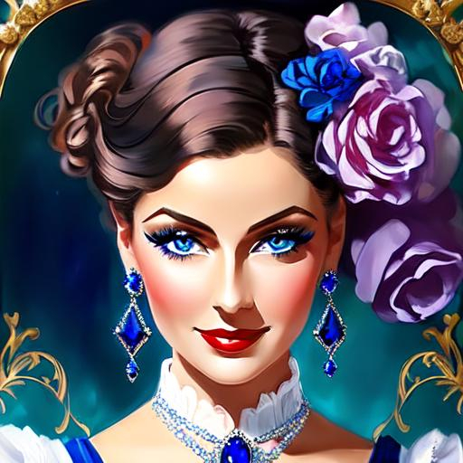 Prompt: Glamorously dressed lady of rhe 1930's wearing sapphire jewelry,blue eyes