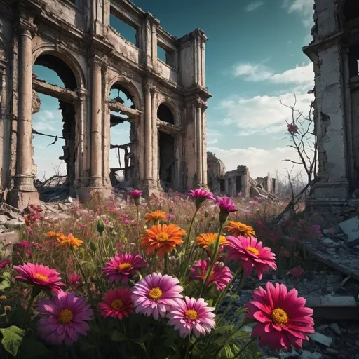 Prompt: Flowers blooming from apocalyptic ruins, vibrant colors contrasting with desolation, high quality, detailed floral textures, post-apocalyptic, surreal, vibrant colors, intricate details, dramatic lighting