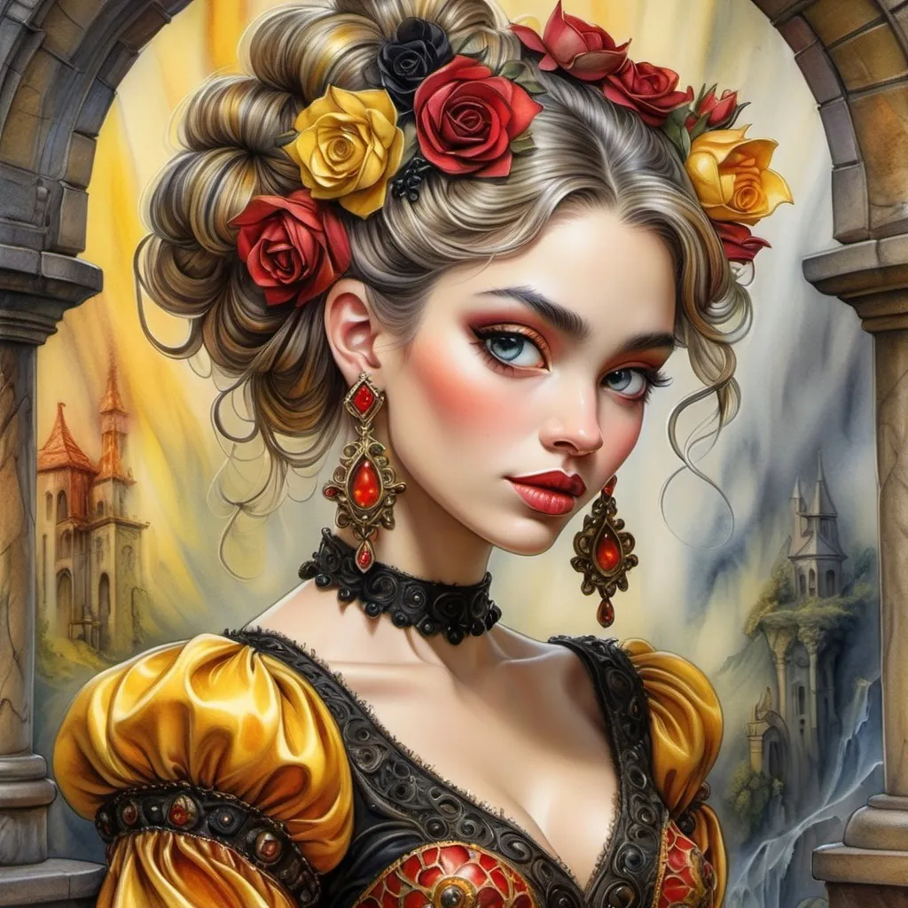 Prompt: beautiful woman, hair pinned up, yellow red black dress, earrings, Watercolor, trending on artstation, sharp focus, studio photo, intricate details, highly detailed, by  Josephine Wall and Jasmine Becket-Griffith