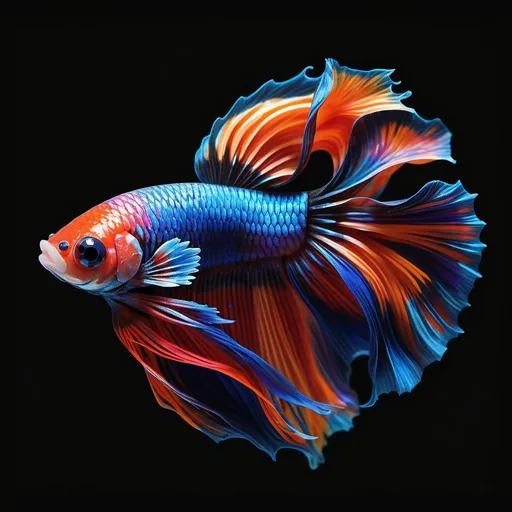 Prompt: A vibrant betta fish elegantly glides through a dynamic swirl of colors, its flowing fins radiating brilliant hues of orange, blue, and red against a deep black backdrop. The fish's iridescent scales shimmer under an imaginative play of light, capturing the eye with its striking facial features and lively expression. The fluid brushstrokes create an impression of motion, as if the fish is dancing within an aquatic dreamscape, inviting viewers to lose themselves in this aquatic ballet. The bold color palette and rich texture of the artwork evoke a sense of vitality and freedom, skillfully blending realism with a touch of abstract flair. This mesmerizing scene embodies both the beauty of nature and the creativity of artistic expression, celebrating the enchanting world beneath the surface.