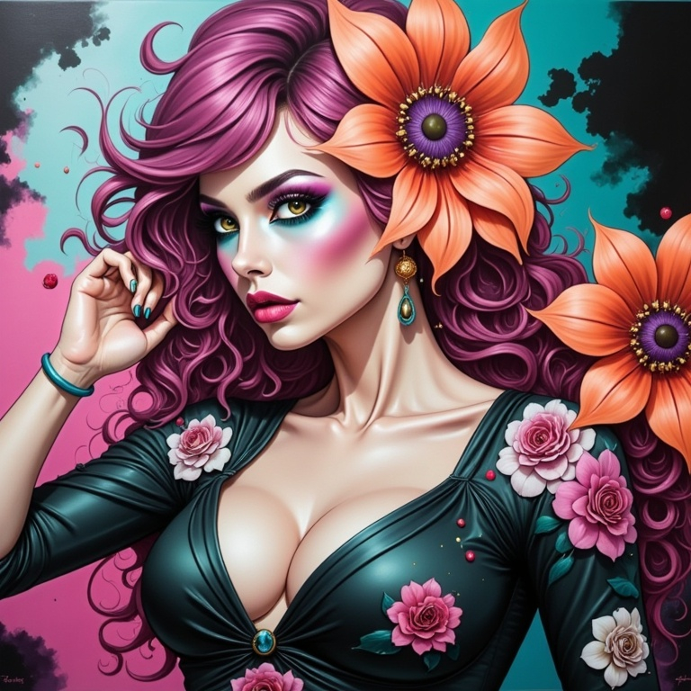 Prompt: a woman with long hair and flowers in her hair, wearing a green dress and a pink background with roses, Charlie Bowater, gothic art, highly detailed digital painting, a character portrait