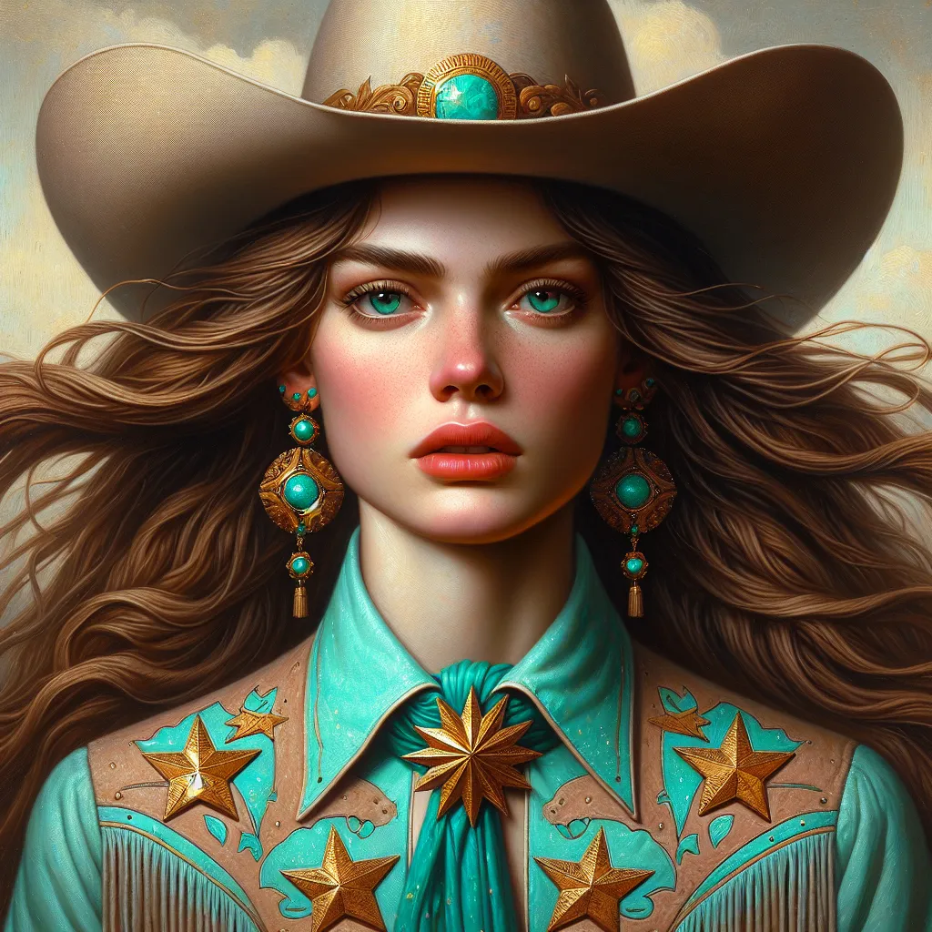 Prompt: a woman with long hair wearing a cowboy hat and turquoise shirt with gold stars on it.. wearing turquoise and gold earrings , Artgerm, fantasy art, highly detailed digital painting, a photorealistic painting