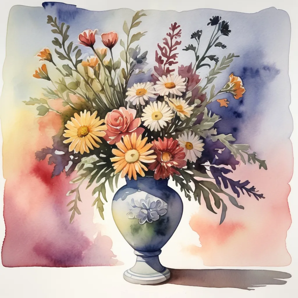 Prompt: A watercolor  painting of a vase  of flowers