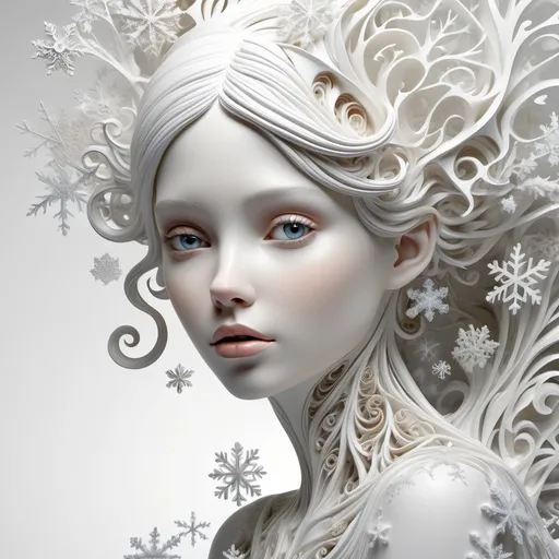 Prompt: A beautiful white female 3D sculpture against a white background, whimsical snowflakes fused throughout the sculpture, Stephanie Law style of hyperrealism, very intricate details, abstract vector fractal, wave function, zentangle, 3D shading