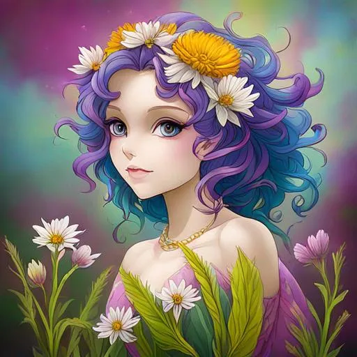 Prompt: a fairy of spring, Sbitley Temple curls, ,wildflowers, vivid colors, closeup