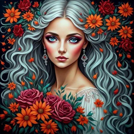 Prompt: <mymodel>Nataasha-Beautiful woman with flowers, oil painting, detailed fiery eyes, ethereal glow, dark and mysterious, high quality, vibrant colors, surreal, haunting, intricate floral details, intense gaze, mystical atmosphere, oil painting, demon, hybrid, fiery eyes, ethereal, vibrant colors, surreal, haunting, floral details, intense gaze, mystical atmosphere