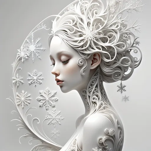 Prompt: A beautiful white female 3D sculpture against a white background, whimsical snowflakes fused throughout the sculpture, Stephanie Law style of hyperrealism, very intricate details, abstract vector fractal, wave function, zentangle, 3D shading