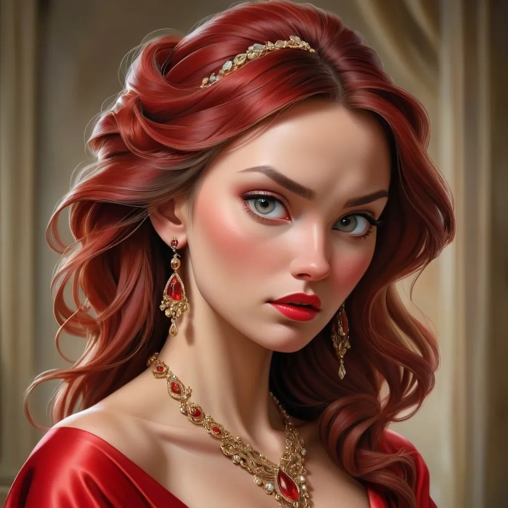 Prompt: <mymodel>Realistic oil painting of a powerful and elegant woman, flowing red gown, intricate jewelry, captivating gaze, detailed facial features, high quality, realistic, oil painting, elegant, flowing gown, powerful, captivating gaze, detailed facial features, intricate jewelry, professional lighting