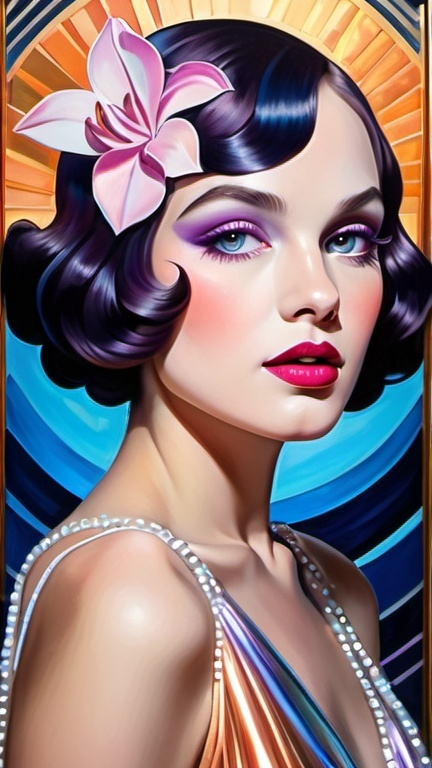 Prompt: makeup art, 50s flapper, holographic, masterpiece painting reflecting the pinterest aesthetic, beautiful woman, rosy cheeks, glistening skin, plump lips, velvety lipstick, fabulous artistic makeup, captivating gaze, hypnotizing eyes, elegant dress, magical realism, surrealism, lilac blue fuchsia white orange gold bright vivid gradient colors, portrait, full face, half body,  high contrast, highly detailed, crisp,