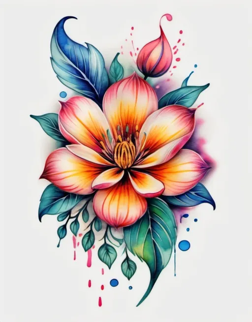 Prompt: Colorful flower tattoo, watercolor style, vibrant petals, intricate details, high quality, vibrant colors, floral design, professional tattoo art, artistic, beautiful, realistic, watercolor, detailed, highres, vibrant, intricate details, floral, professional, colorful, vibrant colors, watercolor style, artistic