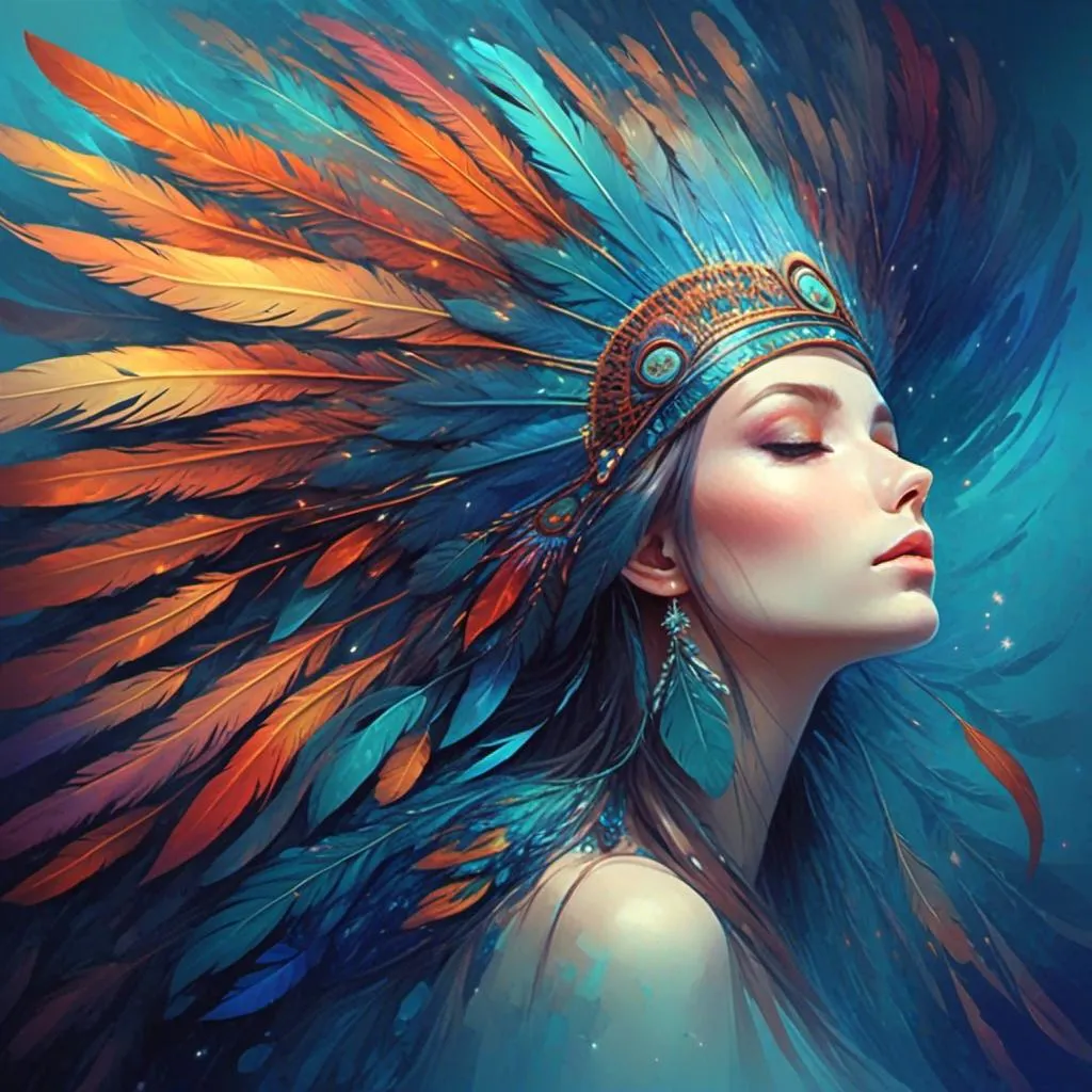 Prompt: <mymodel> a woman with a colorful headdress and feathers on her head, with a blue background and a blue sky, Anna Dittmann, fantasy art, highly detailed digital painting, a detailed painting