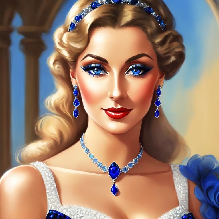 Prompt: Glamorously dressed lady of rhe 1930's wearing sapphire jewelry,blue eyes