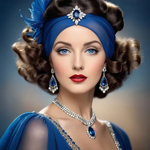 Prompt: Glamorously dressed lady of rhe 1930's wearing sapphire jewelry,blue eyes
