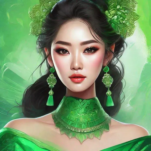 Prompt: <mymodel>Detailed illustration of a asian woman in vibrant green attire, large vivid green eyes, elegant makeup, digital painting, high resolution, realistic style, vibrant green, professional lighting