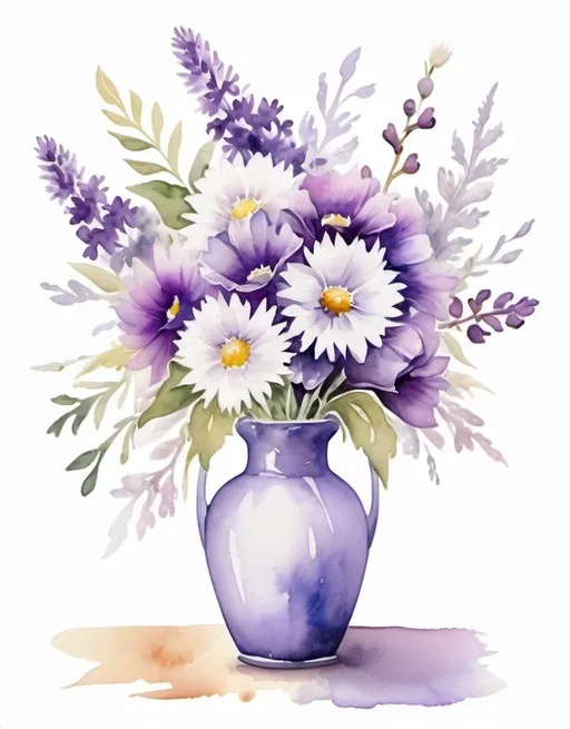 Prompt: watercolor portrait, vase with bouquet of purple and white flowers, white background