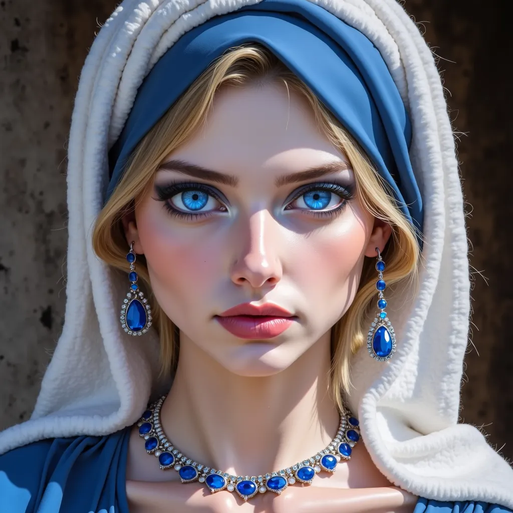 Prompt: <mymodel>a Sapphire lady, feminine elegant princess ,  dark hair, large blue eyes, wearing jewls in her hair,  beautiful makeup, blue eyeshadow, dark pink lipstick, facial closeup