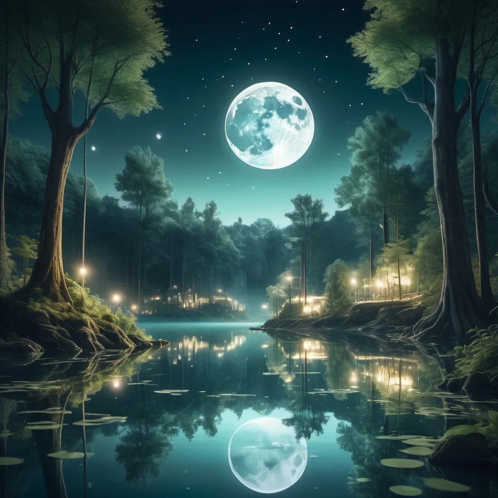 Prompt: A serene, moonlit lake in a magical forest, where the reflection of the moon reveals a hidden underwater city, illuminated by soft, ethereal lights.