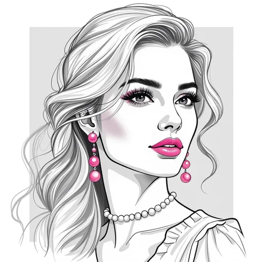 Prompt: This image is a digitally-created, black-and-white line drawing with selective color accents. The subject is a portrait of a woman, depicted from the shoulders up, facing forward. She has long, wavy hair that cascades over her right shoulder, with some strands falling across her face. Her hair is intricately detailed with fine, flowing lines. Her eyes are large and expressive, with detailed eyelashes and a slight upward tilt at the outer corners, giving her a confident and slightly alluring expression. She wears bold, pink lipstick, which stands out against the monochrome background. Her lips are full and slightly parted. She is adorned with elegant, dangling earrings that feature multiple round pearls, and a simple necklace with a row of pearls that rests just above her collarbone. Her eyebrows are well-defined and slightly arched. She wears a garment with a ruffled collar, visible on her left side. The background is a solid light gray, which helps to highlight the detailed line work and selective color of the subject. The overall style is reminiscent of classic comic book art, with a modern twist due to the digital medium and selective color use.