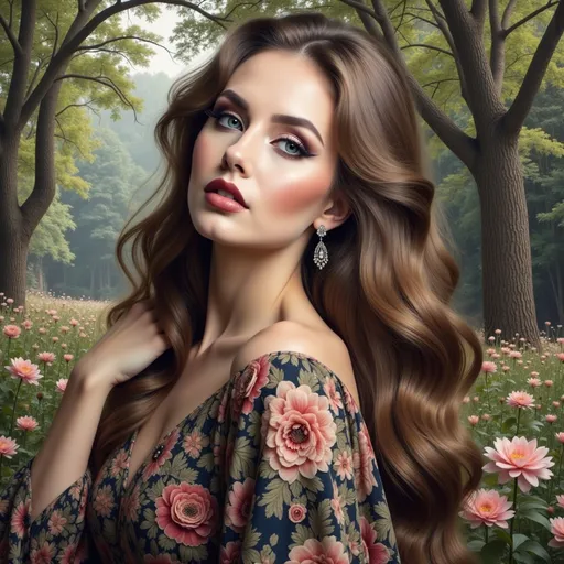 Prompt: a woman  with long thick hair in a floral dress is posing for a picture in the woods with trees and flowers on the background, Dave Melvin, photorealism, highly detailed digital painting, a photorealistic painting