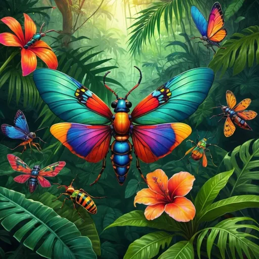 Prompt: Colorful insects in a vibrant, tropical jungle environment, high-quality, detailed, digital art, vibrant colors, exotic flora and fauna, intricate patterns, realistic, lively lighting