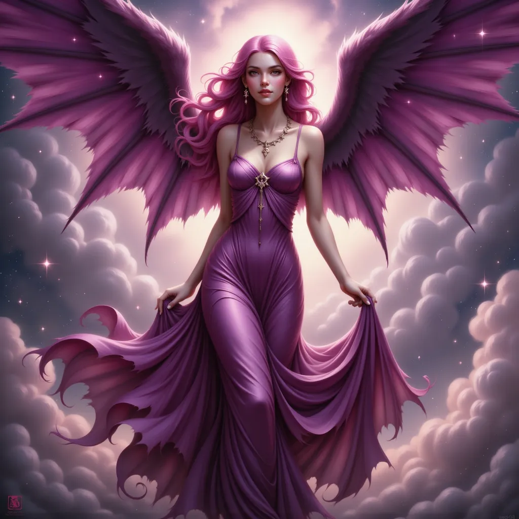 Prompt: a woman in a purple dress with large wings on her back. a cloudy purple background, Anne Stokes, gothic art, purple, a detailed painting