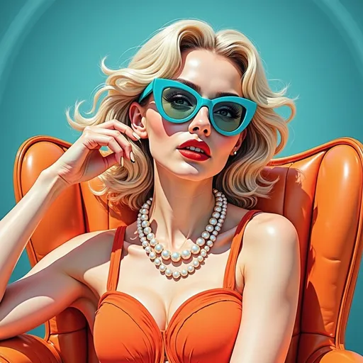 Prompt: A striking, glamorous woman lounges confidently in an oversized orange chair, exuding elegance and poise in a bold orange swimsuit that accentuates her curves. Her platinum blonde hair cascades in soft curls, perfectly framing her face, while oversized teal sunglasses add a playful touch to her sophisticated appearance. A double strand of pearl necklaces adorns her neck, enhancing the luxurious vibe, as her full lips, painted a vibrant red, further draw attention. The background features a serene turquoise hue, suggesting a sunny outdoor setting, amplifying the cheerful and chic atmosphere of this modern, artistic portrait.