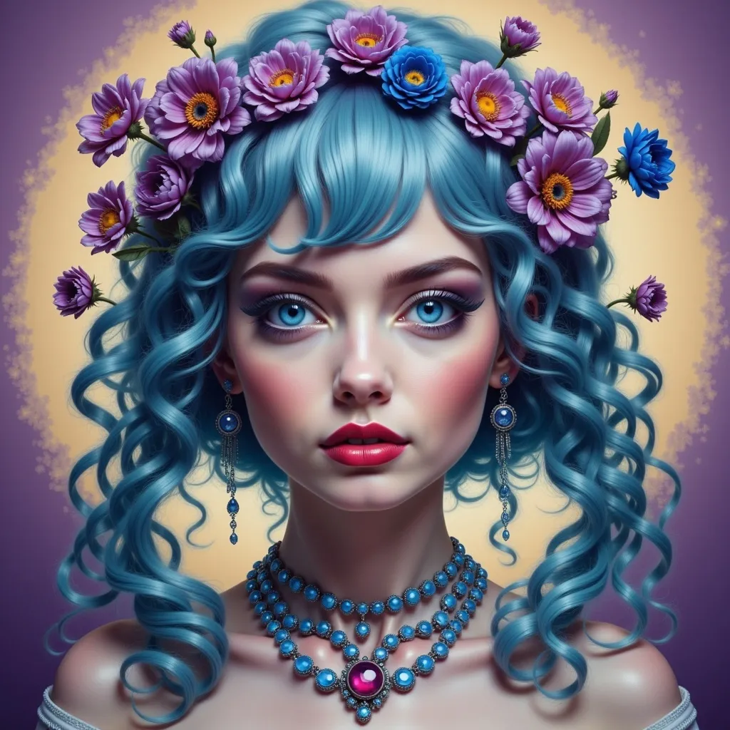 Prompt: a painting of a girl with blue hair and flowers on her head and chest, with a purple background, Anna Dittmann, psychedelic art, highly detailed digital painting, a detailed painting