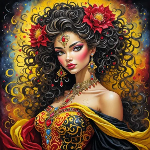 Prompt: <mymodel> beautiful woman, hair pinned up, yellow red black dress, earrings, Watercolor, trending on artstation, sharp focus, studio photo, intricate details, highly detailed, by  Josephine Wall and Jasmine Becket-Griffith