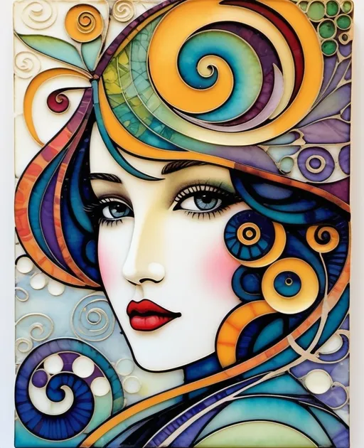 Prompt: Abstract encaustic texture, gradient inking colors, Jessica Galbreth, Irmgard Schoendorf Welch, Javier Mariscal, Charles Rennie Mackintosh, Lee Mullican style, a beautiful whimsical young woman, wonderland, decoupage.