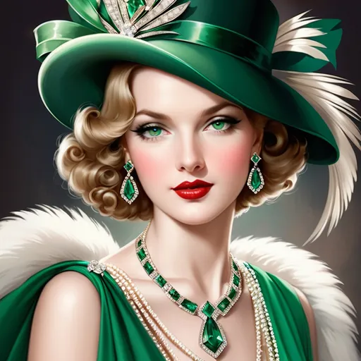 Prompt: Glamorously dressed lady of rhe 1930's wearing emerald jewelry