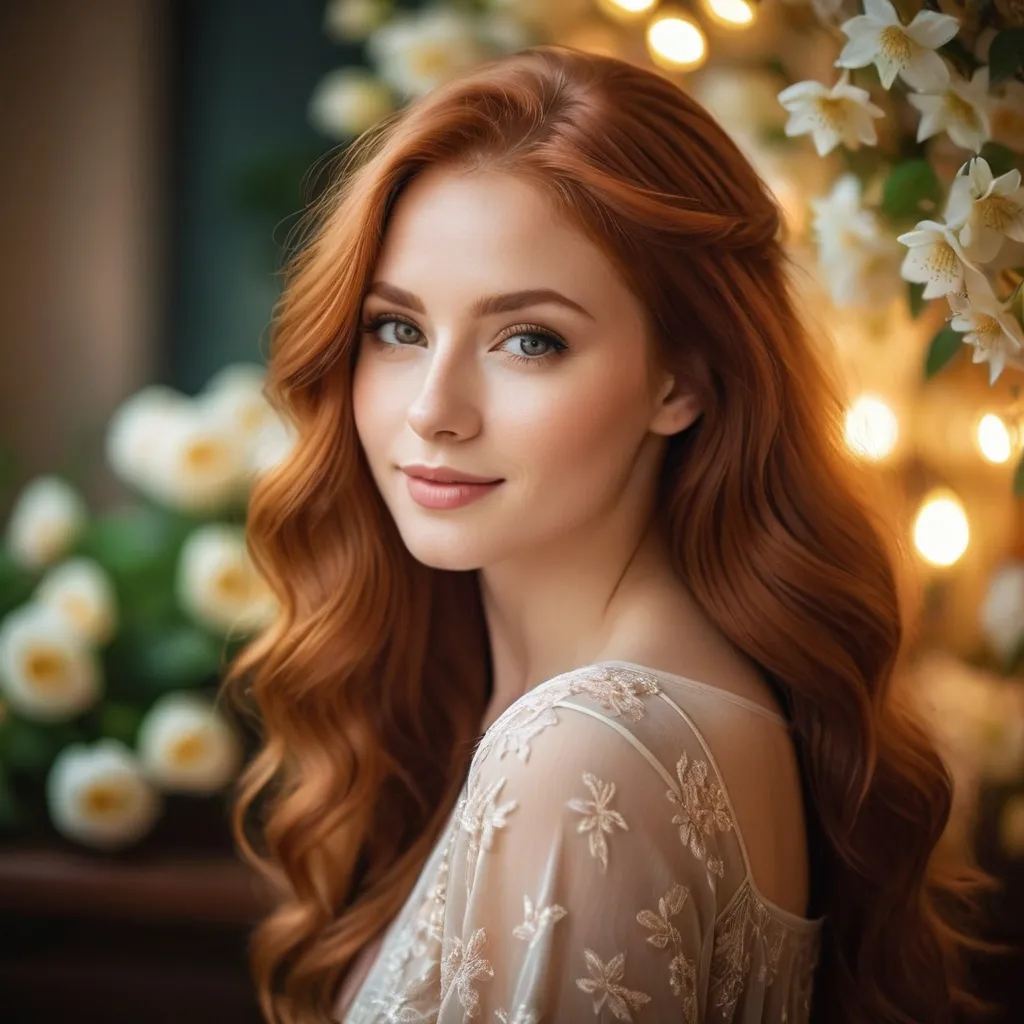 Prompt: (representational stunning image), a (beautiful redhead woman) with thick, long hair, striking Hazel colored eyes, enchanting facial features, and a gentle smile, wearing an elegant outfit, soft warm lighting illuminating her hair, cozy atmosphere with blurred floral background, high-quality, ultra-detailed portrait, embodies a serene, captivating mood. Nikkon Camera portrait film grain.