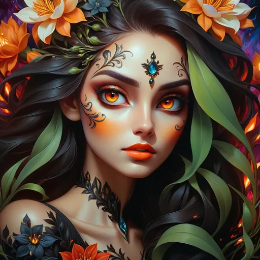 Prompt: Beautiful  hybrid woman with flowers sprouting from her, oil painting, detailed fiery eyes, ethereal glow, dark and mysterious, high quality, vibrant colors, surreal, haunting, intricate floral details, intense gaze, mystical atmosphere, oil painting, demon, hybrid, fiery eyes, ethereal, vibrant colors, surreal, haunting, floral details, intense gaze, mystical atmosphere