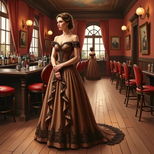 Prompt: This is a highly detailed, digital painting in a realistic style, depicting a young woman standing in a vintage, Victorian-style bar. The woman is of Caucasian ethnicity with fair skin, brown hair styled in an elaborate updo, and she has a slender yet curvaceous figure. She is wearing an ornate, brown, off-the-shoulder gown with intricate lace and ruffled detailing along the bodice and hem. The gown has a fitted corset-like top that  flows into a full, floor-length skirt with a slight train.

She stands in the center of the bar, which has a polished wooden floor and dark wooden walls adorned with framed pictures and ornate wall sconces. The bar itself is to her left, topped with an array of liquor bottles, and is surrounded by high-backed, red leather stools. In the background, a large window with red curtains allows natural light to filter in, illuminating the space. Another woman, dressed in a similar Victorian-era dress, is seated at the bar, facing away from the viewer. The overall atmosphere is warm and nostalgic, with a rich, brown color palette dominating the scene.