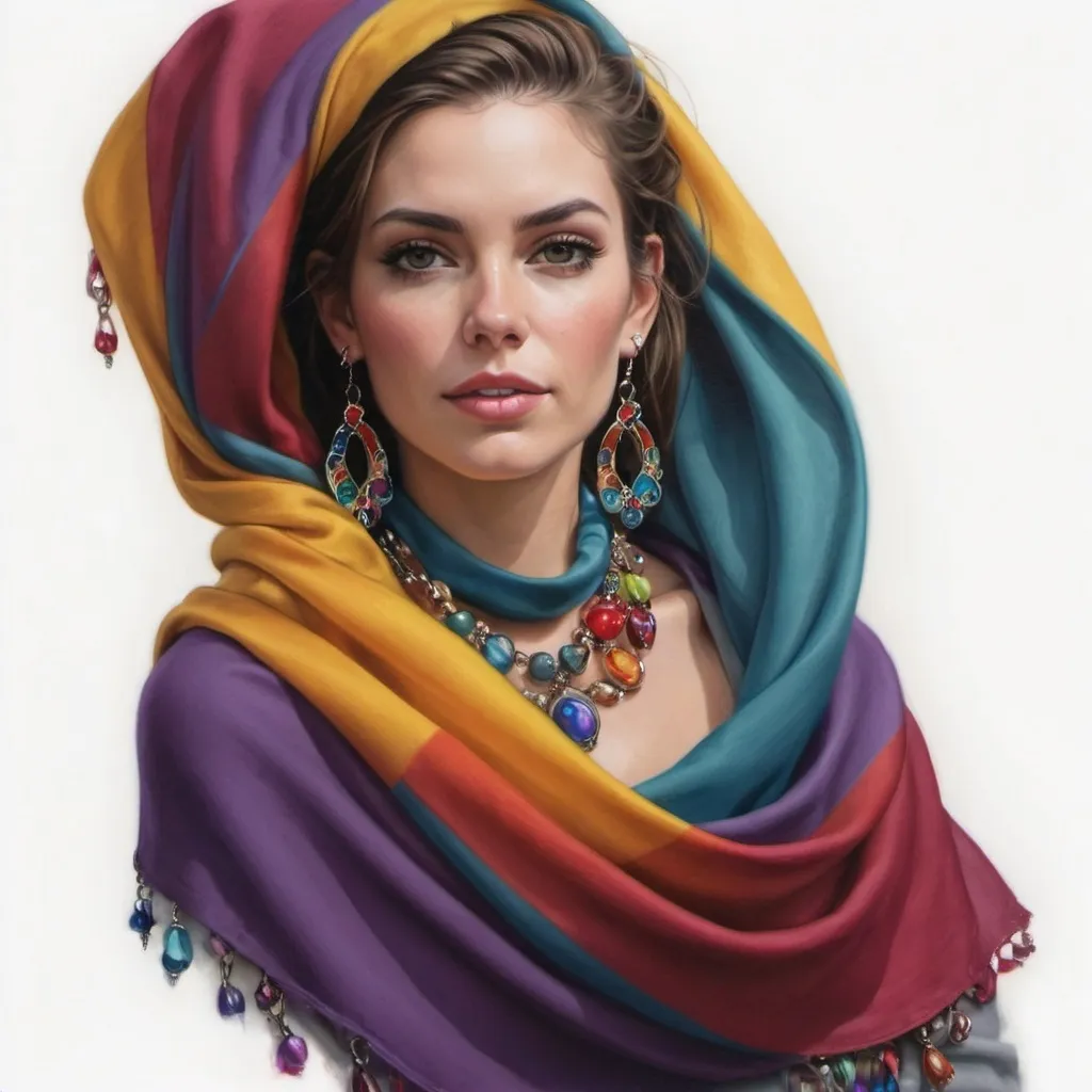 Prompt: a painting of a woman wearing a colorful scarf and earrings with a necklace on her neck and a necklace on her neck, Artgerm, photorealism, extremely detailed oil painting, a photorealistic painting