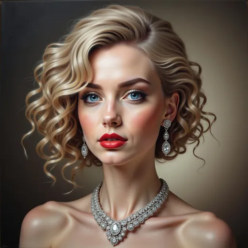 Prompt: a painting of a woman wearing a diamond necklace on her neck , Edwin Georgi, photorealism, highly detailed digital painting, a photorealistic painting