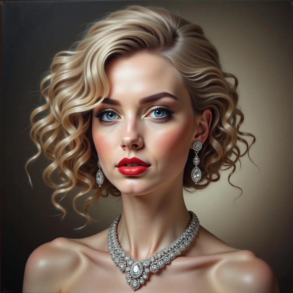 Prompt: a painting of a woman wearing a diamond necklace on her neck , Edwin Georgi, photorealism, highly detailed digital painting, a photorealistic painting