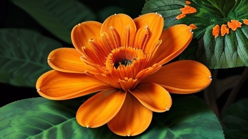 Prompt: (Beautiful orange flower), brown center, vibrant colors, high contrast, lush petals, detailed textures, botanical illustration, vibrant oranges and rich browns, sunny and uplifting mood, nature background with green foliage, soft sunlight, ultra-detailed, 4K quality, high depth cinematic, ultra-realistic illustration.