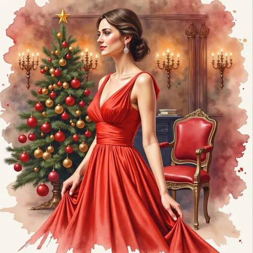 Prompt: An elegant woman in a red evening dress. She is in an opulent room decorated for Christmas
