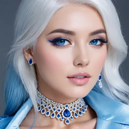 Prompt: <mymodel>A beautiful woman, white hair, blue eyes, blue eyeshadow, blue jewels o